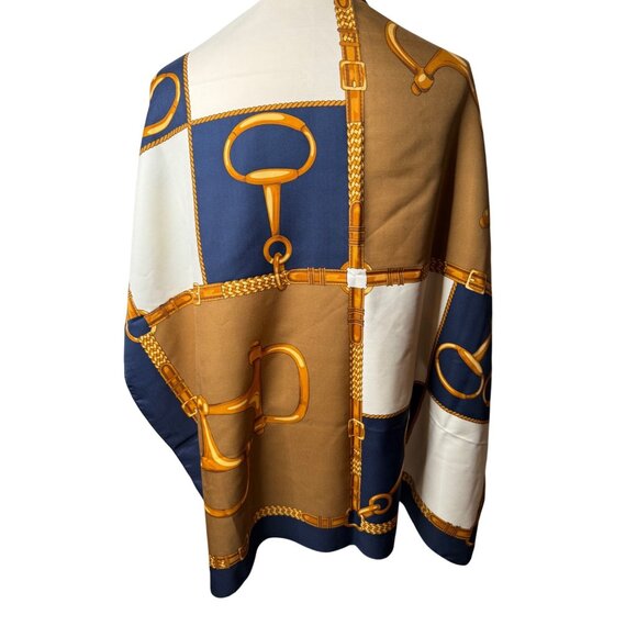 Vtg Equestrian Print Scarf Shawl 33" X 33" Blue & Gold Polyester Square Italy - Picture 1 of 9